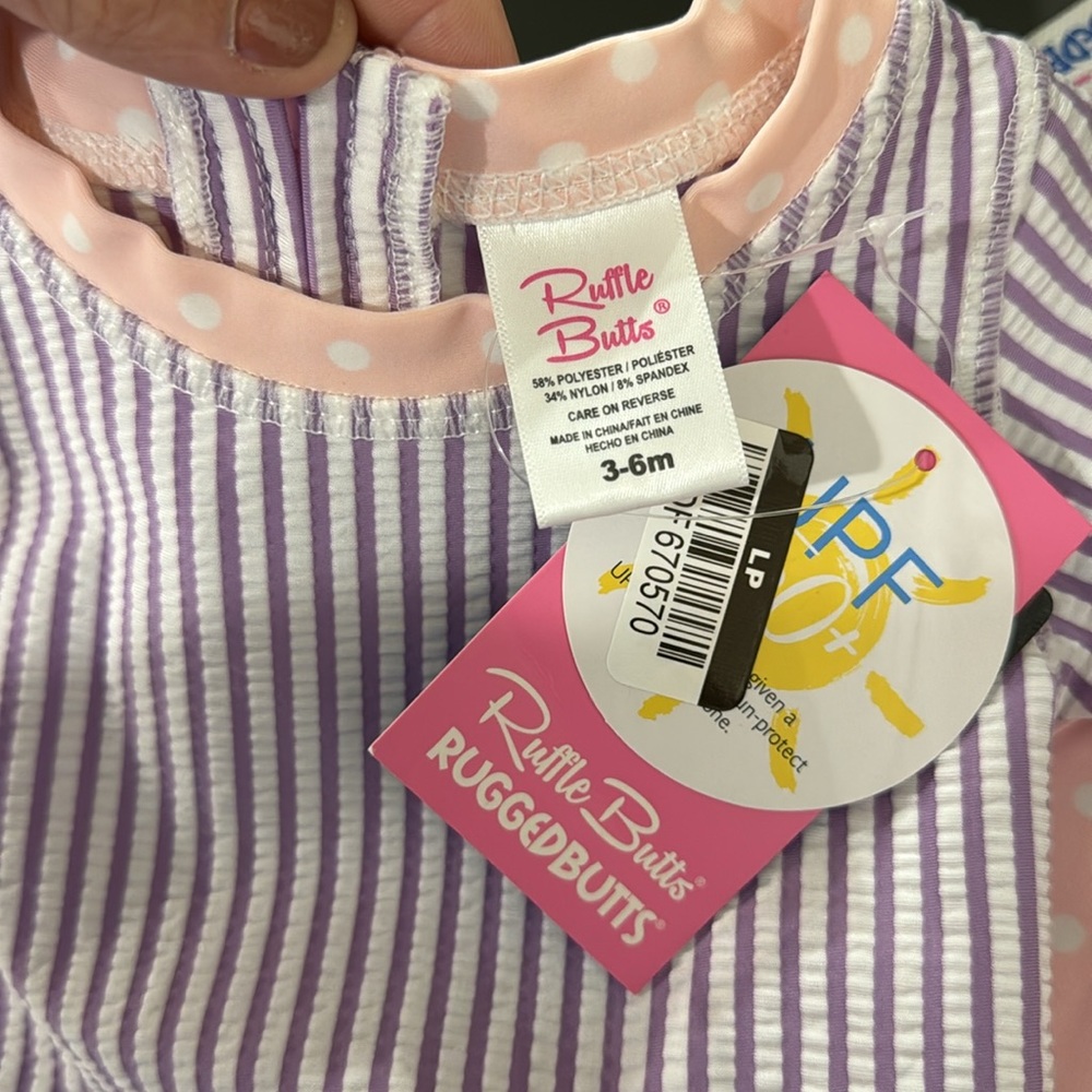 NWT Ruffle Butts Pair Ruffled Rash Guards SPF Seersucker Polka Dot 3-6 Months - Picture 3 of 6